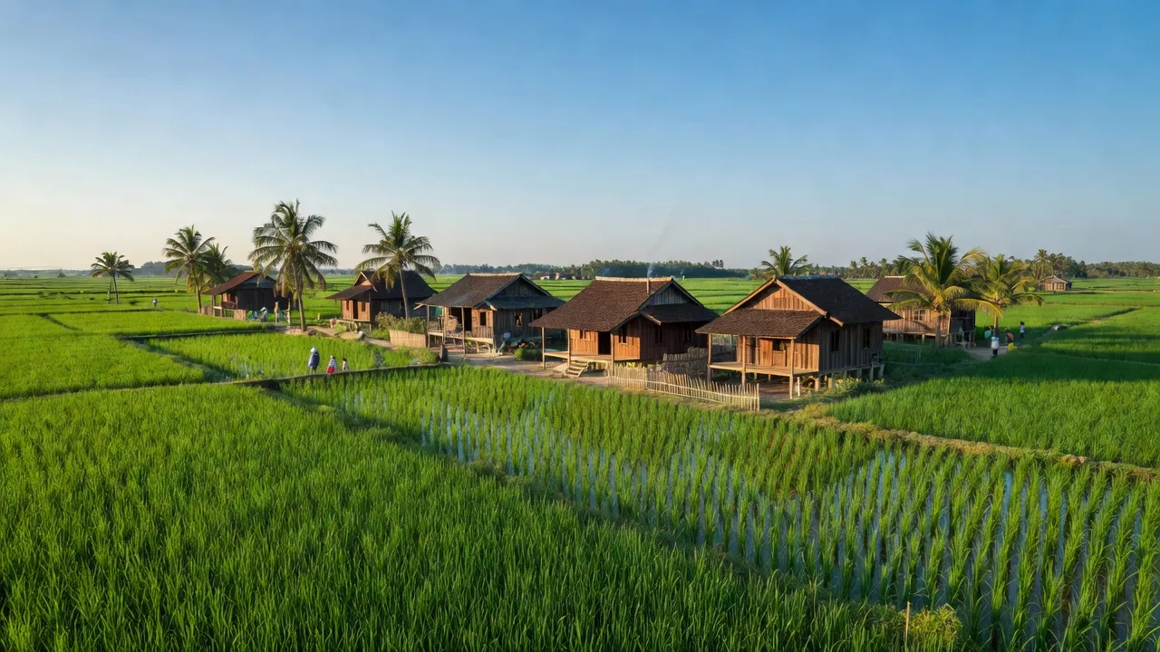 Khung cảnh bình yên xã Đá Bạc, Châu Đức, Bà Rịa - Vũng Tàu với cánh đồng xanh và nhà gỗ truyền thống.