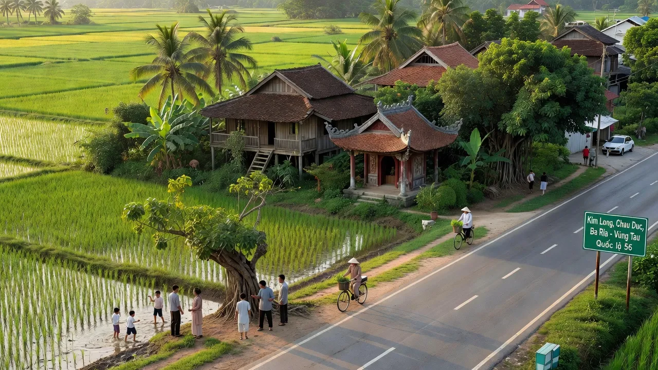 Khung cảnh thanh bình của thị trấn Kim Long, huyện Châu Đức, tỉnh Bà Rịa - Vũng Tàu, với thiên nhiên xanh tươi.