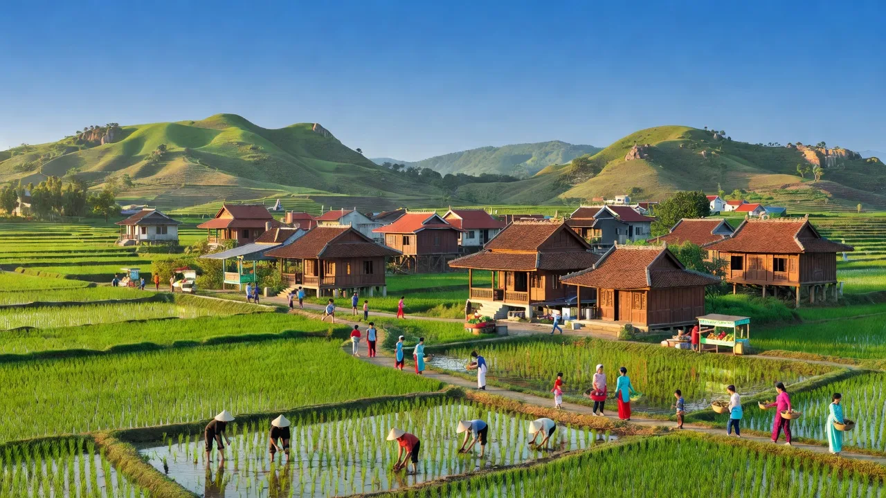 Thị trấn Ngãi Giao, huyện Châu Đức, Bà Rịa - Vũng Tàu với cánh đồng xanh và nhà truyền thống.