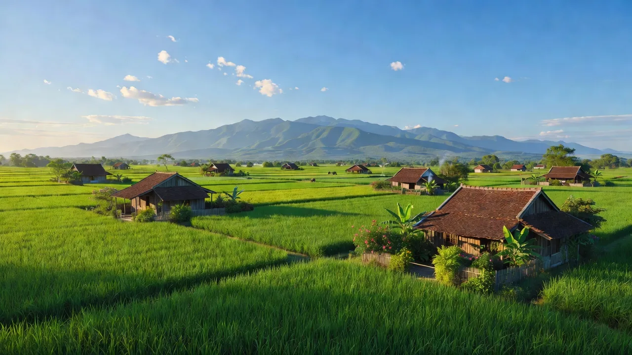 Cảnh đẹp yên bình của xã Quảng Thành, huyện Châu Đức, với cánh đồng và nhà truyền thống.