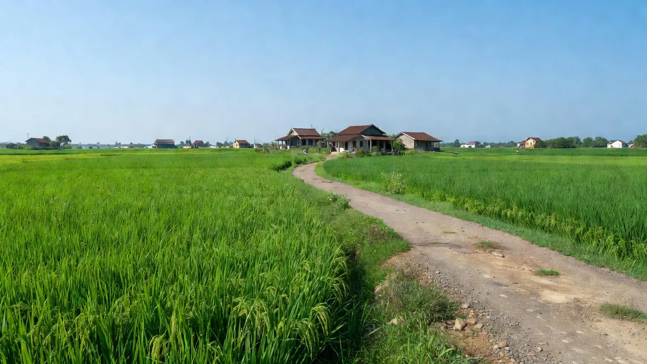 Khung cảnh nông thôn tại xã Quảng Thành, huyện Châu Đức, Bà Rịa - Vũng Tàu với đồng cỏ xanh.