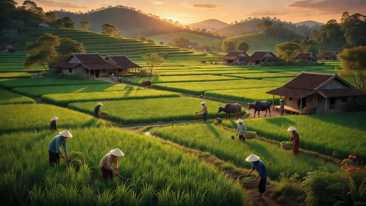 Cảnh quan xã Sơn Bình, Châu Đức, Bà Rịa - Vũng Tàu với đồng xanh và ánh hoàng hôn.