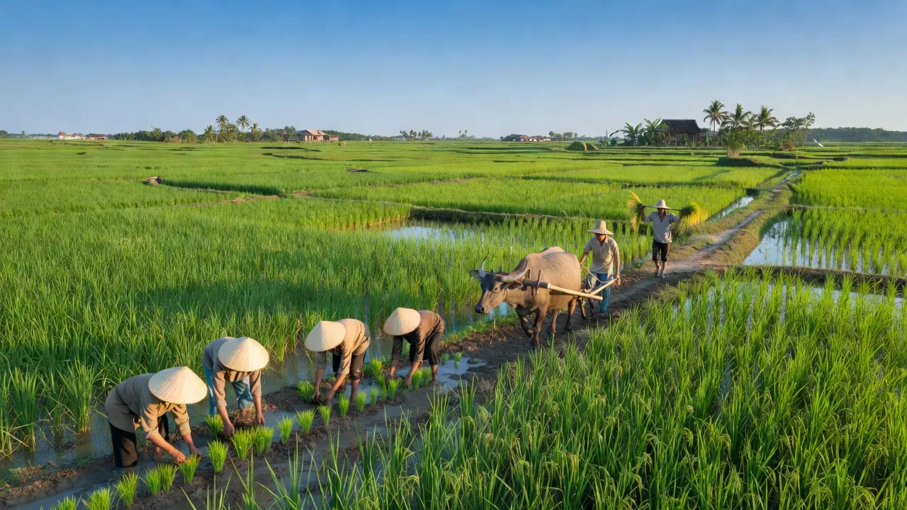 Cảnh quan thanh bình ở xã Xà Bang, huyện Châu Đức, Bà Rịa - Vũng Tàu với cánh đồng xanh.