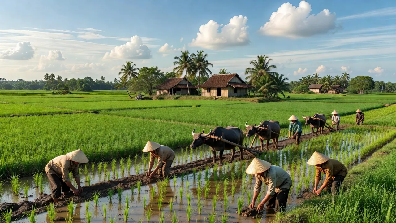 Cảnh quan Xã Xà Bang, huyện Châu Đức, tỉnh Bà Rịa - Vũng Tàu với cánh đồng xanh tươi và nông dân.