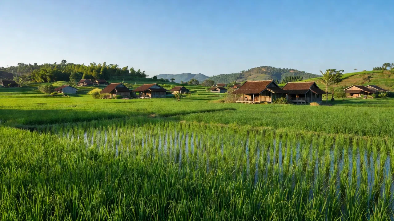 Khung cảnh yên bình xã Xuân Sơn, huyện Châu Đức, Bà Rịa - Vũng Tàu với đồng lúa xanh và nhà truyền thống.