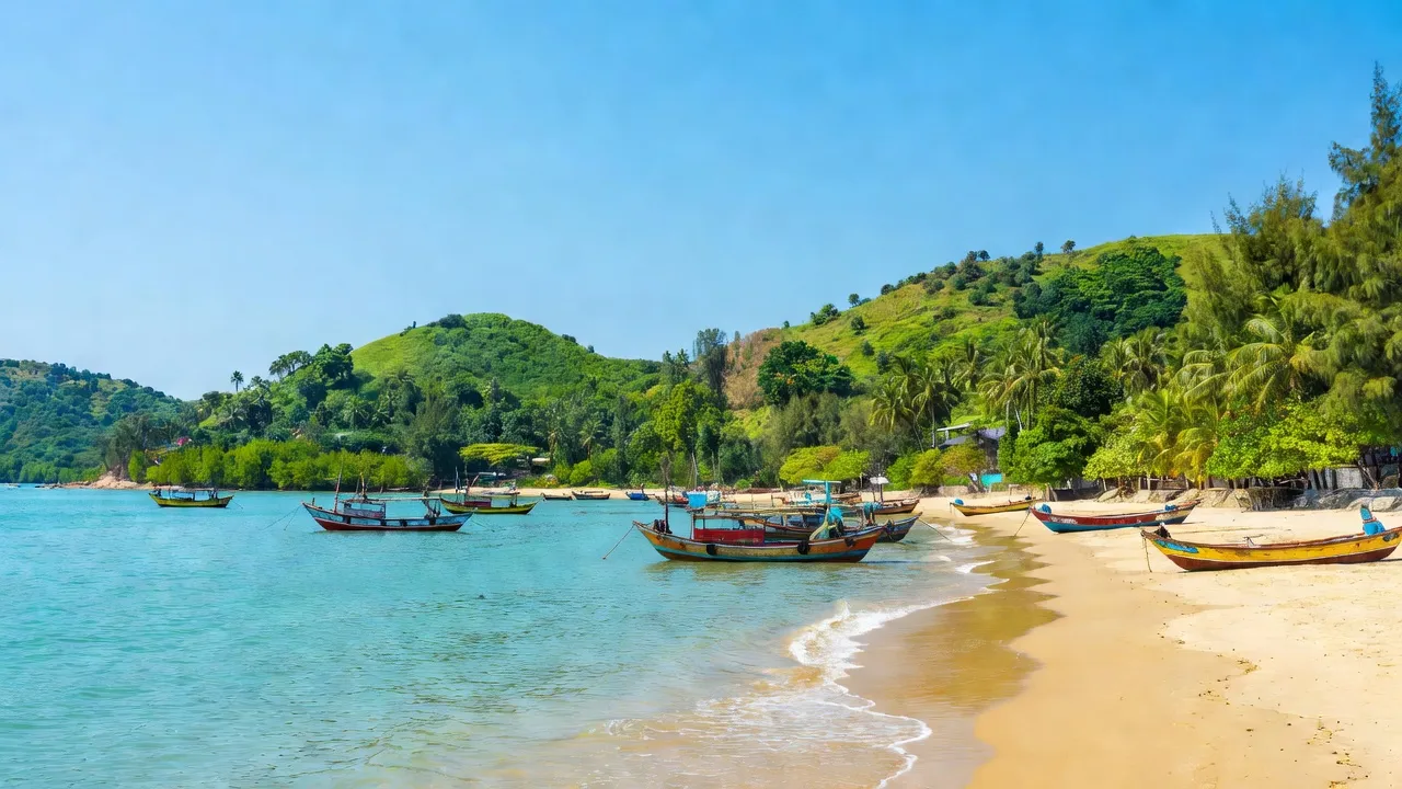 Khung cảnh huyện Long Đất, Bà Rịa - Vũng Tàu với biển xanh, cây cối và thuyền đánh cá.