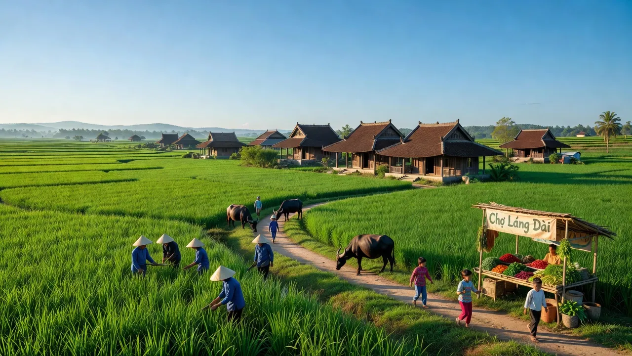 Láng Dài, Long Đất, Bà Rịa - Vũng Tàu with green fields and traditional architecture.