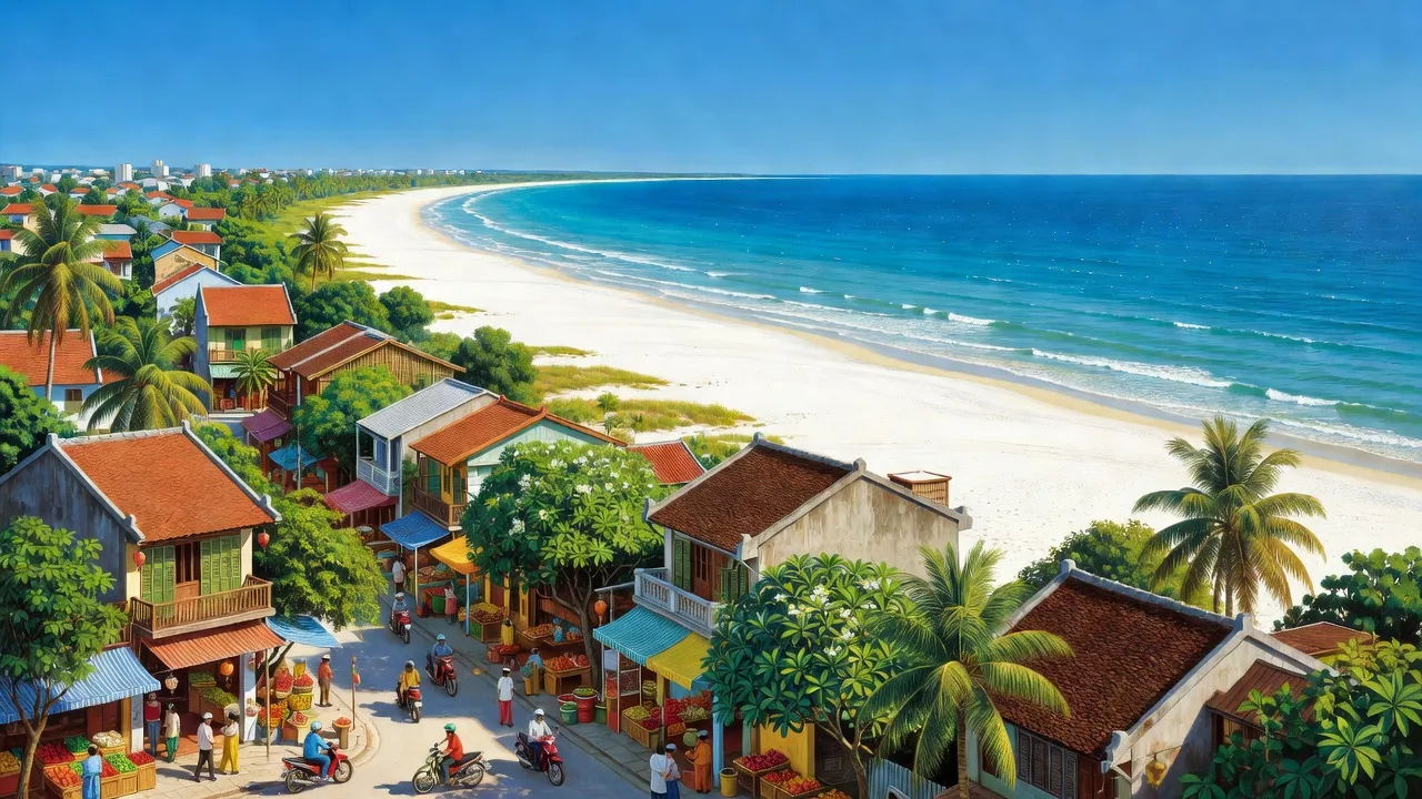 Cảnh biển Long Điền, huyện Long Đất, Bà Rịa - Vũng Tàu với bầu trời trong xanh, cây xanh và đường phố nhộn nhịp.