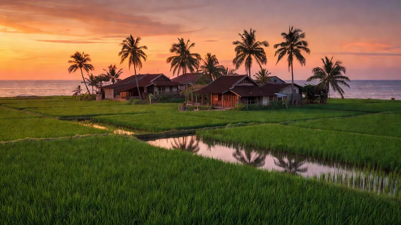 Phong cảnh yên bình xã Long Tân, huyện Long Đất, tỉnh Bà Rịa - Vũng Tàu, với đồng xanh và biển.
