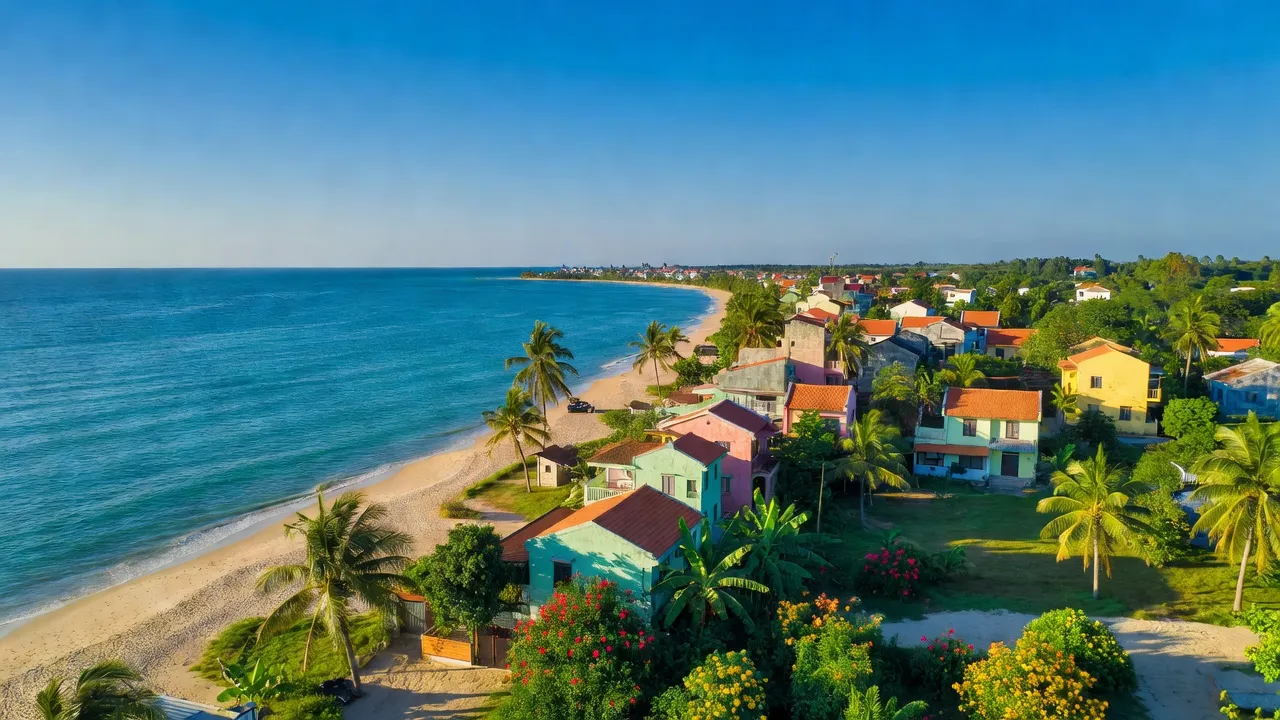 Khung cảnh thị trấn Phước Hải, Bà Rịa - Vũng Tàu với bãi biển và cây cỏ xanh tươi.