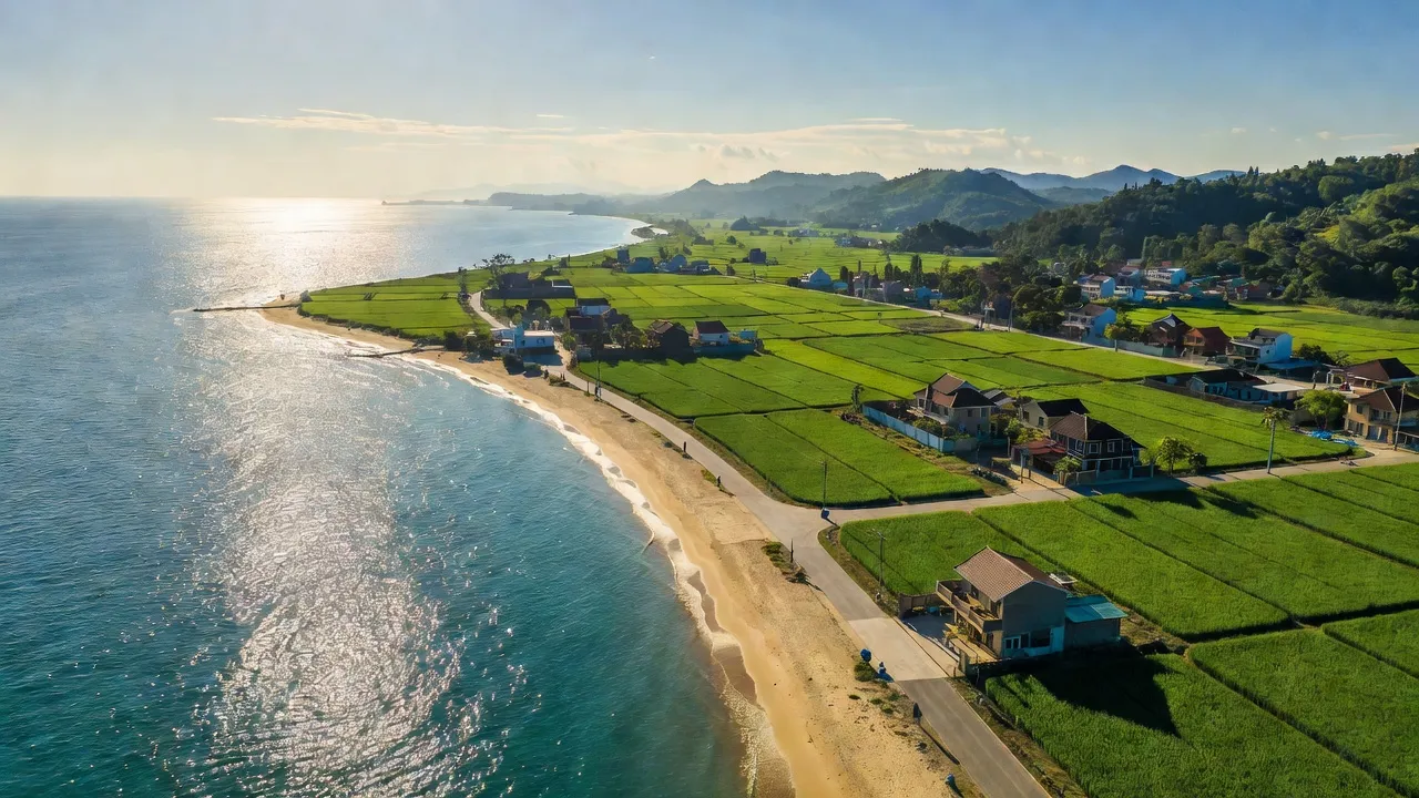 Phong cảnh xã Phước Hưng, huyện Long Đất, Bà Rịa - Vũng Tàu với biển và cánh đồng xanh tươi.