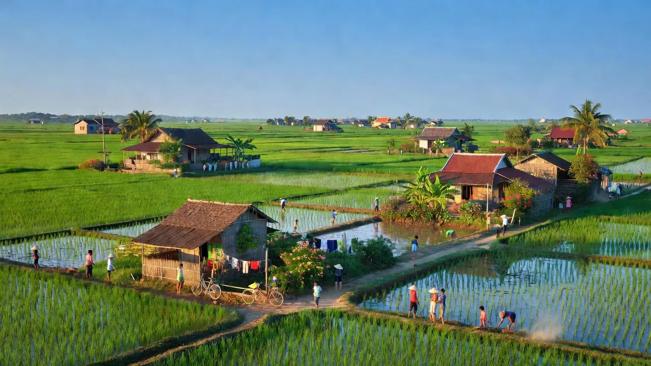 Khung cảnh đẹp của xã Phước Long Thọ, huyện Long Đất, Bà Rịa - Vũng Tàu với trời xanh và cánh đồng xanh.