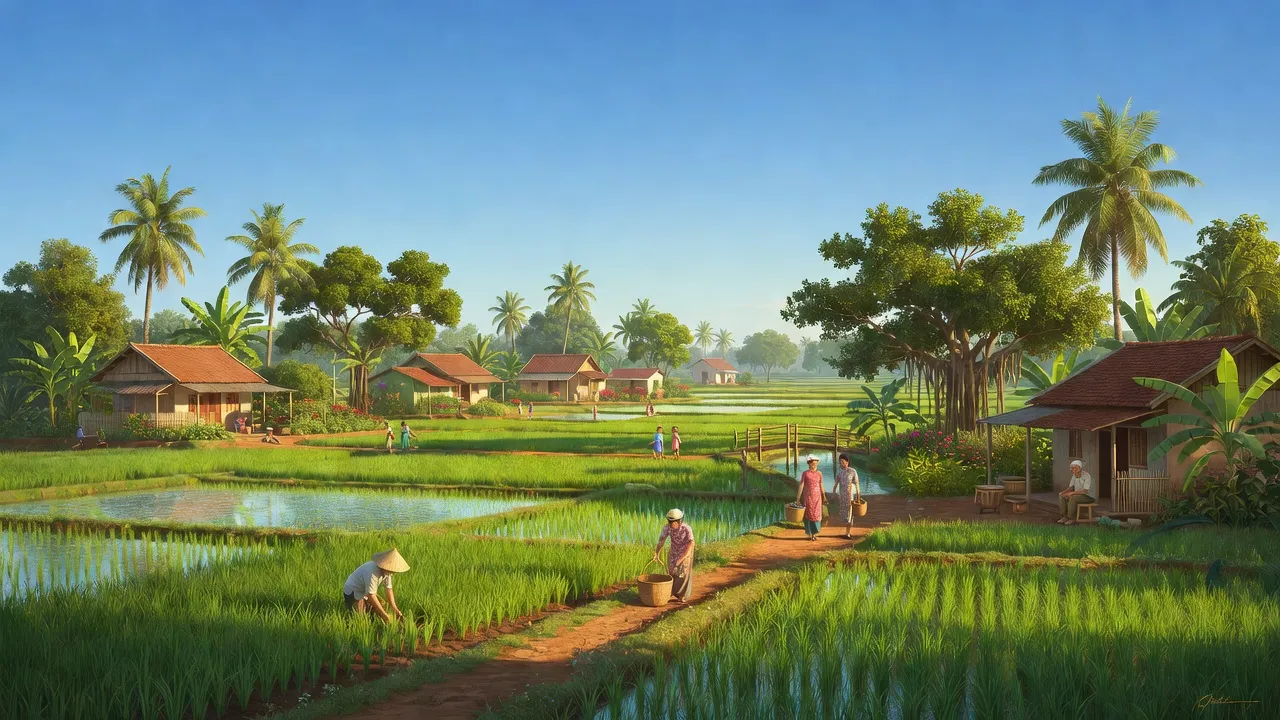 Cảnh quan xã Tam An, huyện Long Đất, Bà Rịa - Vũng Tàu, với cánh đồng xanh và nhà dân.
