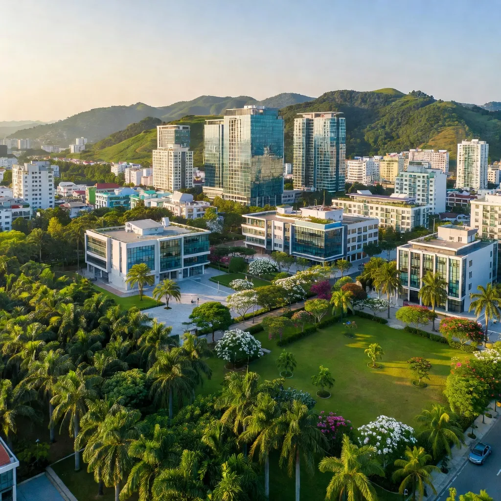 Thành phố Phú Mỹ, Bà Rịa - Vũng Tàu với cảnh quan đô thị và thiên nhiên xanh mát.
