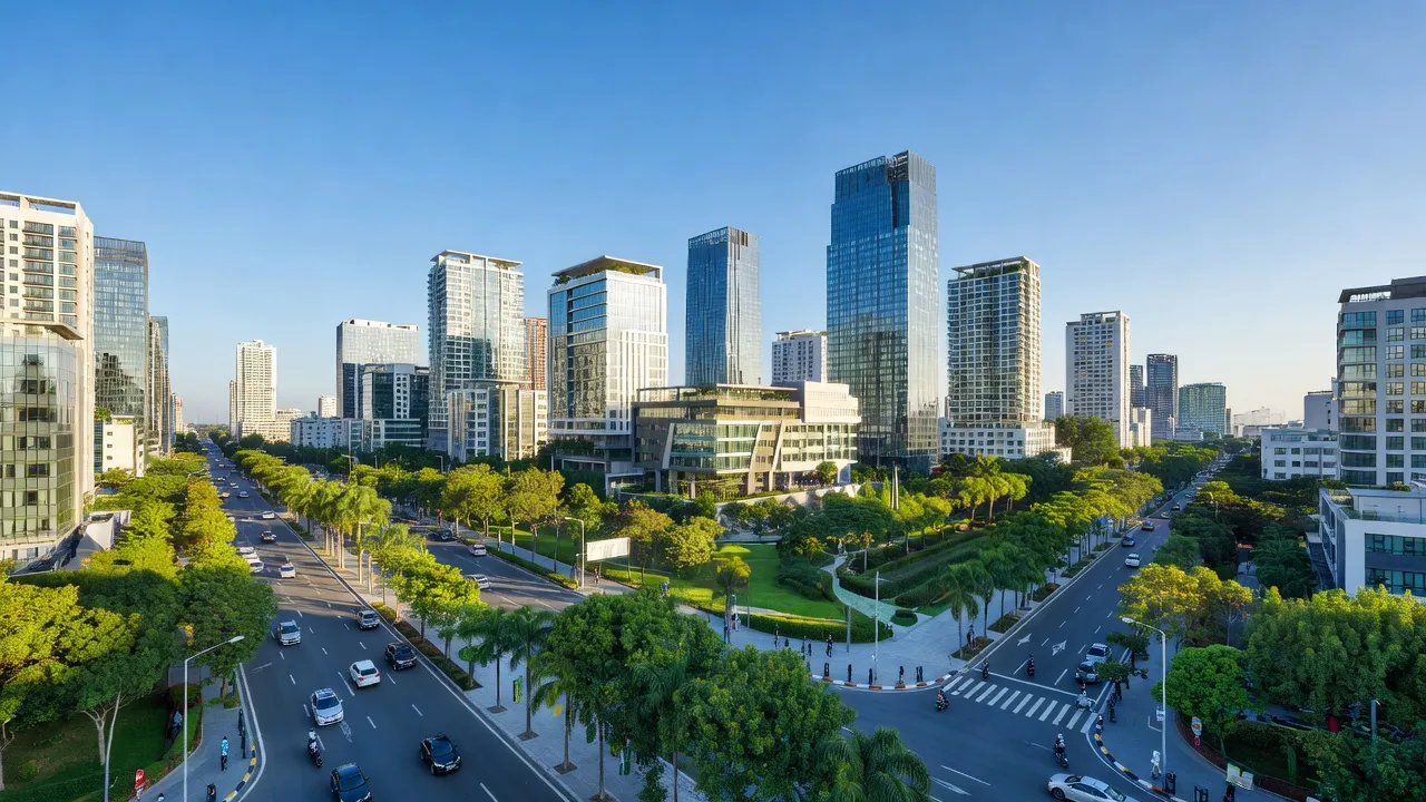 Thành phố Phú Mỹ, Bà Rịa - Vũng Tàu, với kiến trúc hiện đại và cảnh sắc thiên nhiên phong phú.