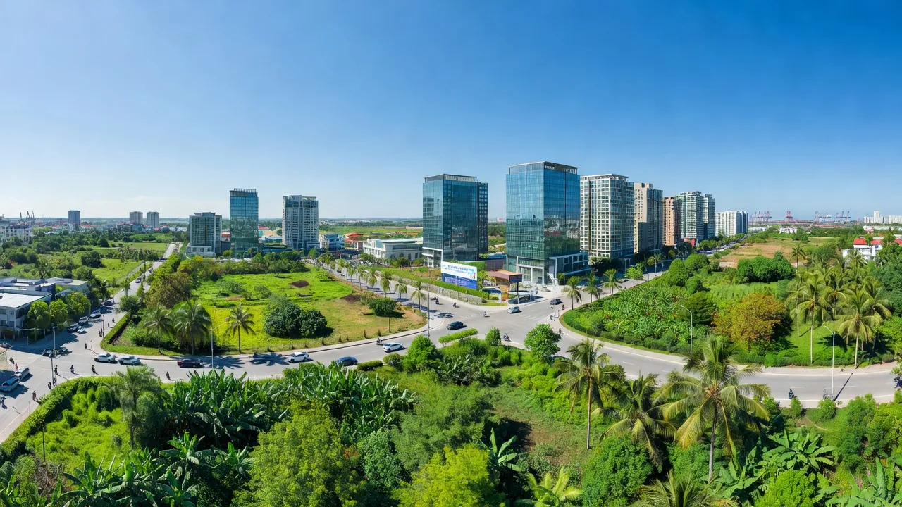 Quang cảnh Phường Mỹ Xuân, Thành phố Phú Mỹ, Bà Rịa - Vũng Tàu với bầu trời xanh và cây cối.