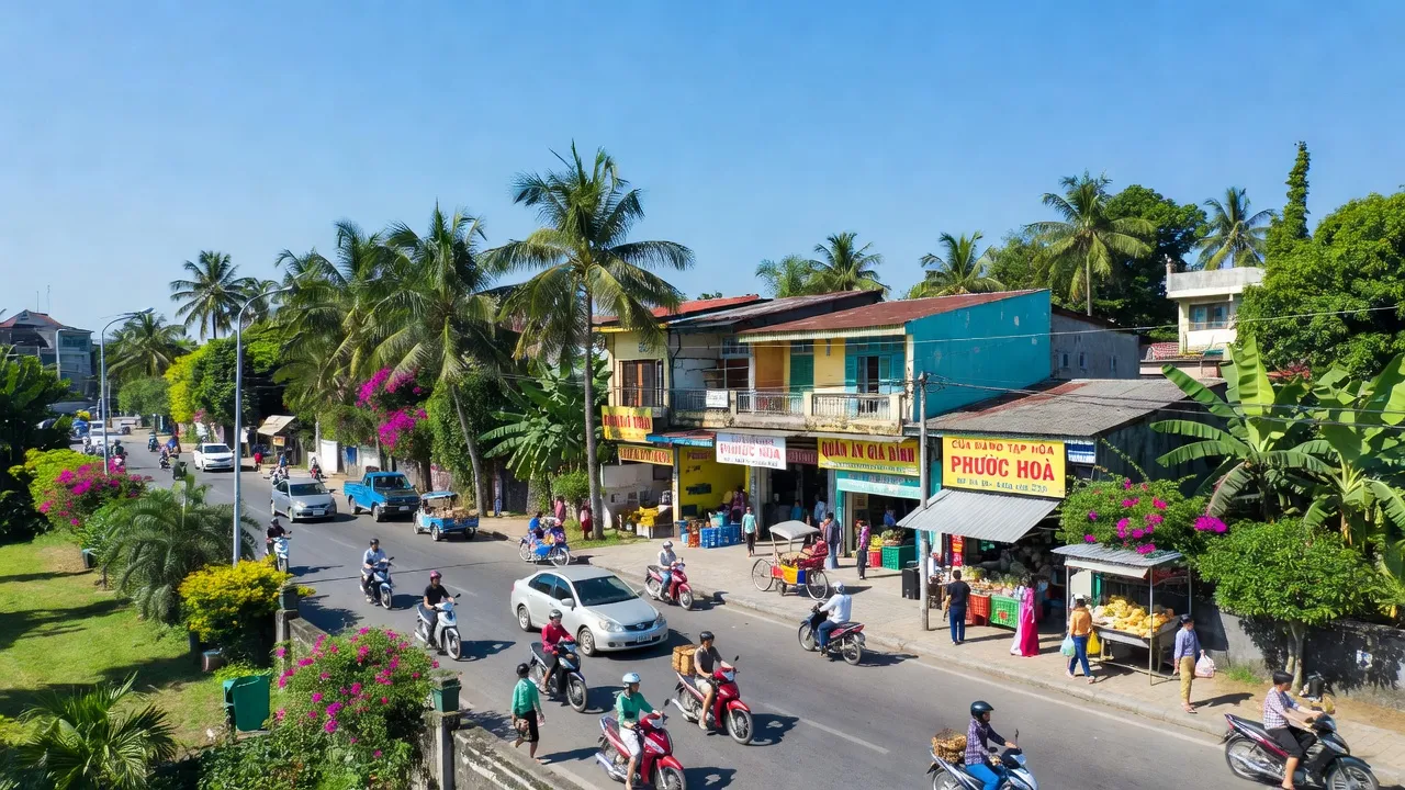 Phường Phước Hoà, Thành phố Phú Mỹ với Quốc lộ 51 và hoạt động buôn bán sôi động.