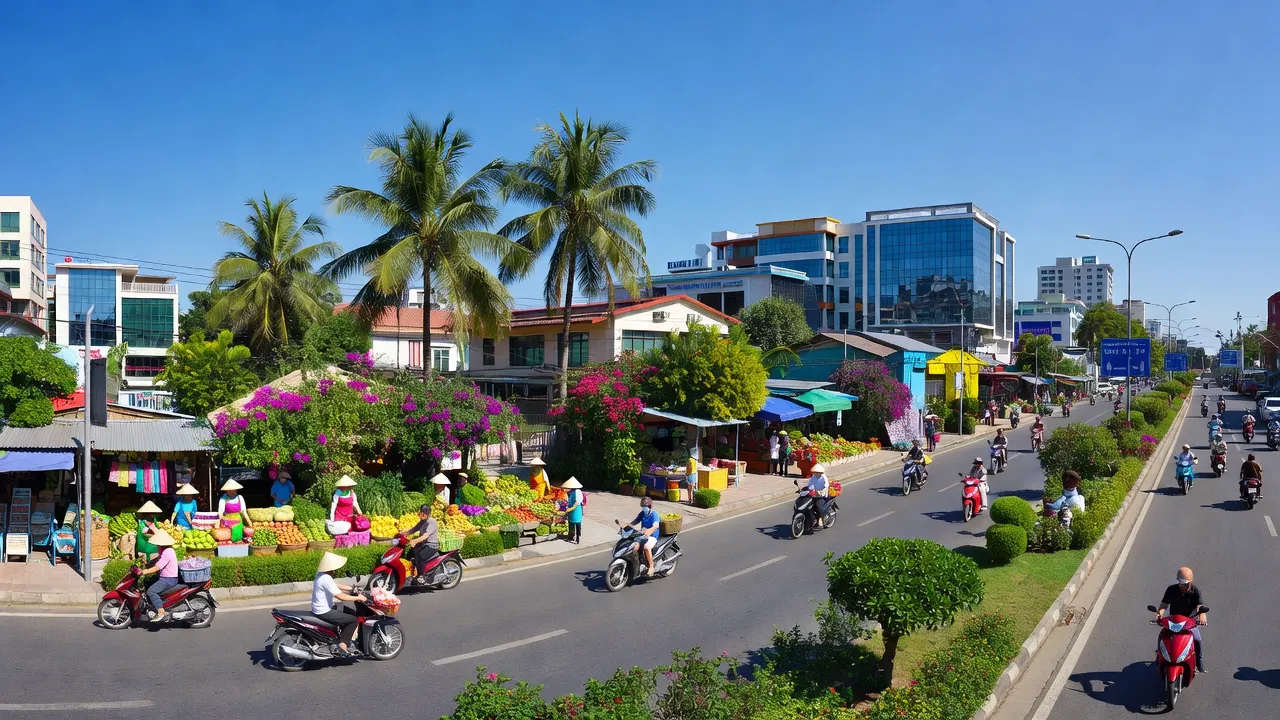 Phường Phước Hoà, Thành phố Phú Mỹ, với Quốc lộ 51 và khu vực cây xanh, cảnh đẹp đặc trưng.
