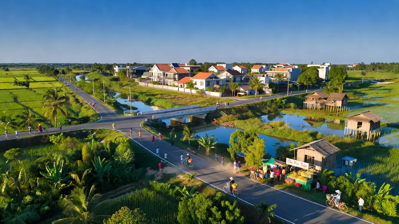 Khung cảnh làng Sông Xoài, Phú Mỹ, Bà Rịa - Vũng Tàu với cảnh quan xanh tươi và cơ sở hạ tầng hiện đại.