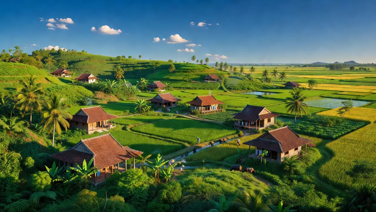 Khung cảnh xanh tươi xã Tân Hoà, Phú Mỹ, với đồng bằng và đồi thấp dưới bầu trời trong xanh.