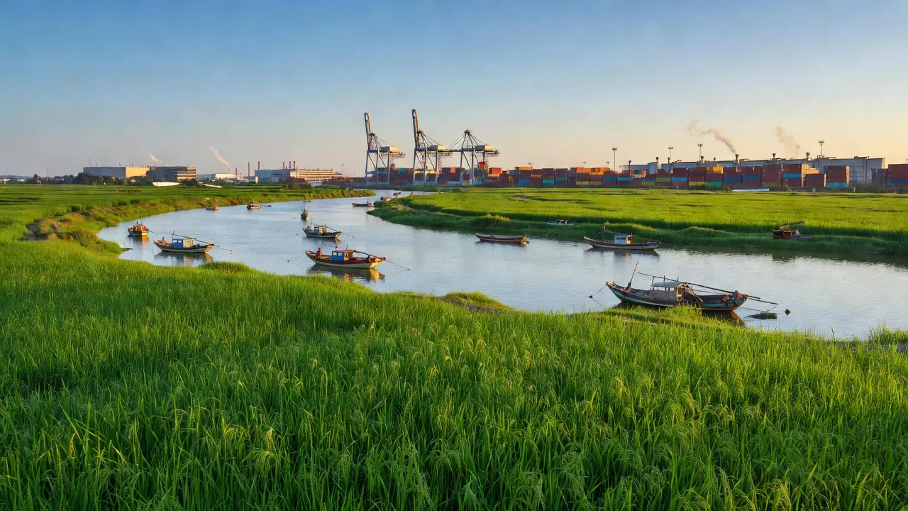 Cảnh quan xã Tóc Tiên, Thành phố Phú Mỹ, Bà Rịa - Vũng Tàu, thiên nhiên xanh tươi, thuyền đánh cá.