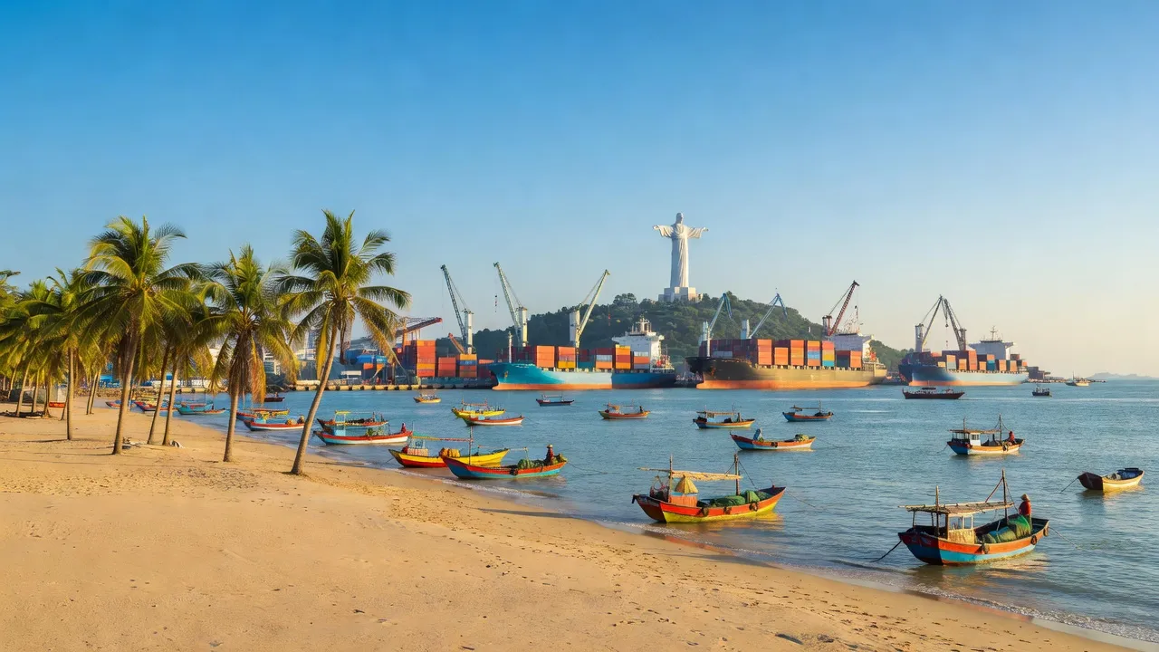 Khung cảnh thành phố Vũng Tàu với bãi biển, cây cọ và cảng biển nhộn nhịp, tỉnh Bà Rịa - Vũng Tàu.