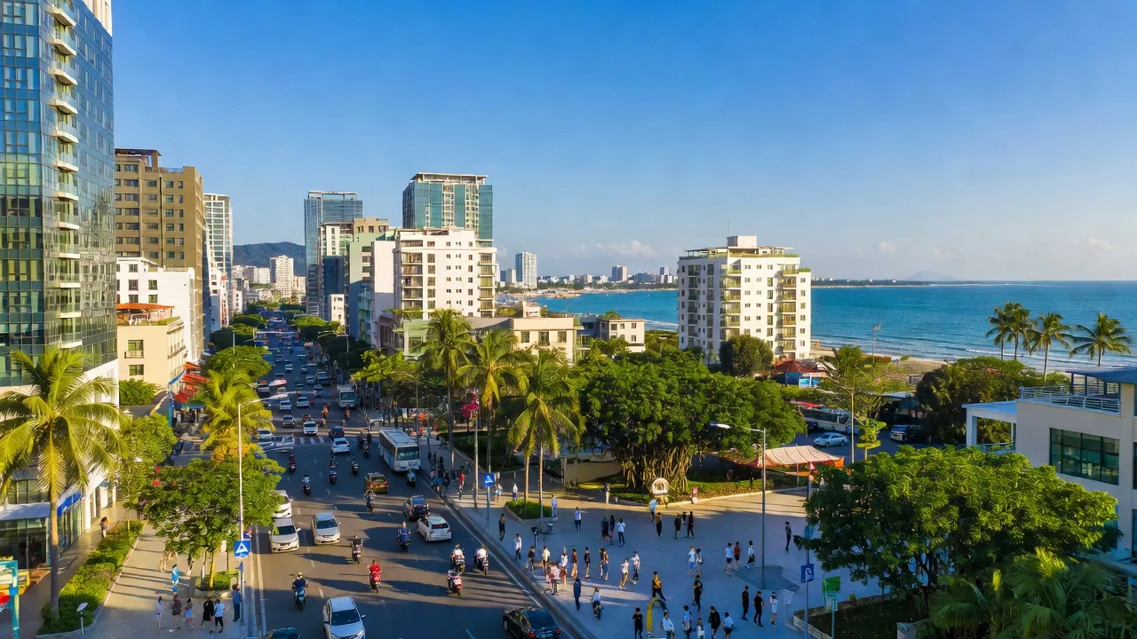 Khung cảnh nhộn nhịp tại Phường 1, Vũng Tàu với tòa nhà, biển và cây xanh.