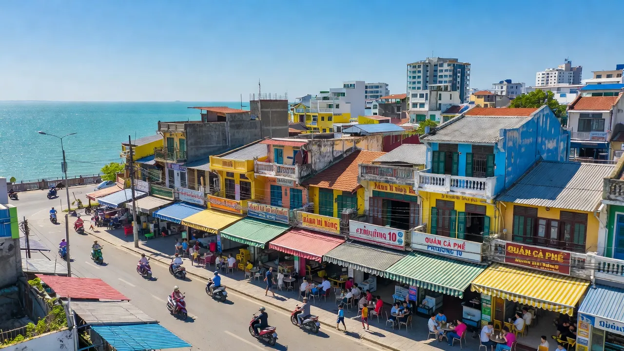 Khung cảnh Phường 10, Vũng Tàu với đường phố sôi động, cà phê địa phương và gần biển.