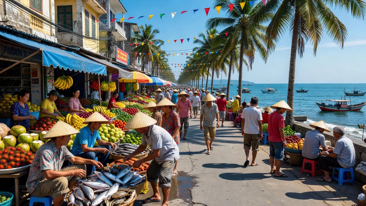 Cảnh sống động tại Phường 11, Vũng Tàu, với ngư dân và chợ địa phương sôi động.