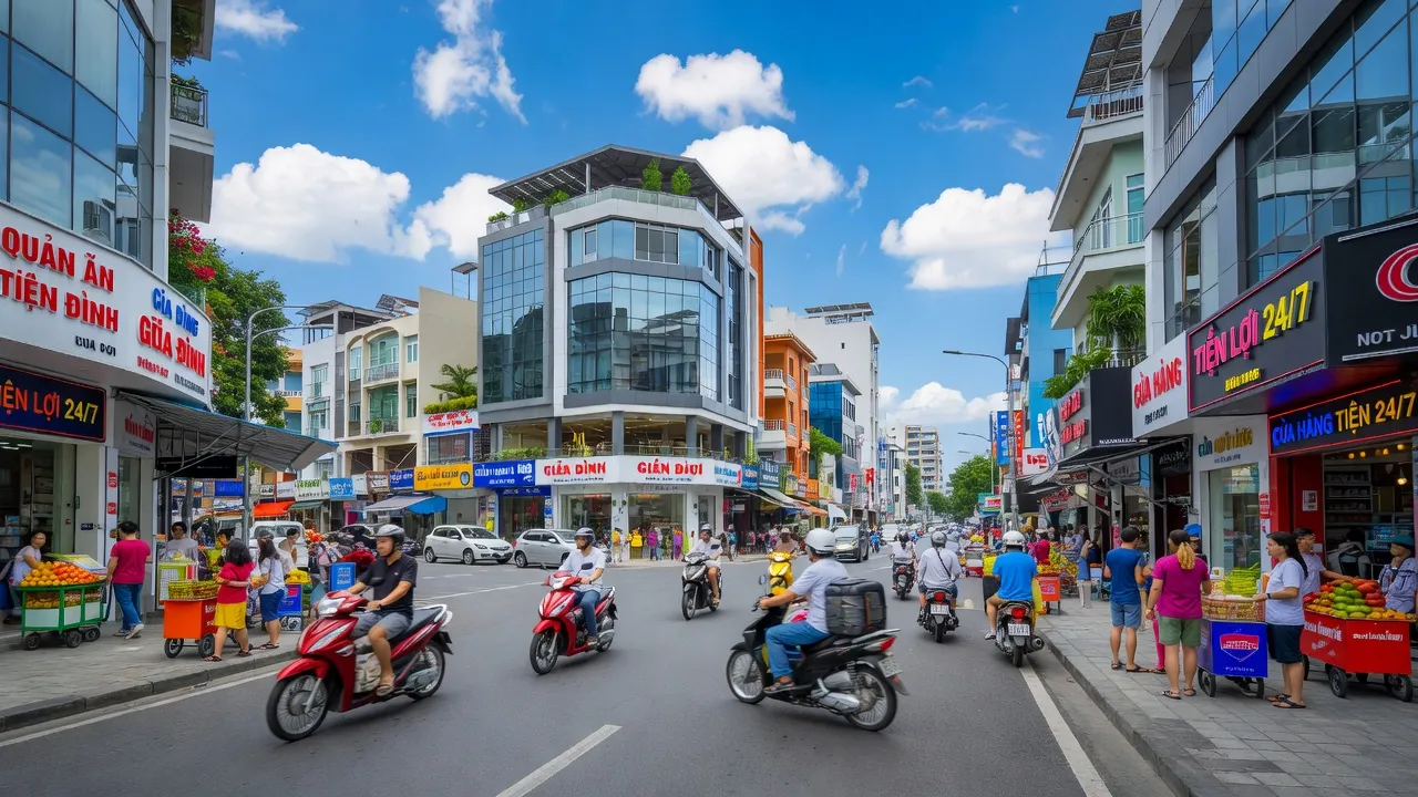 Phường 12 Vũng Tàu with urban buildings and streets, showcasing daily life and development.