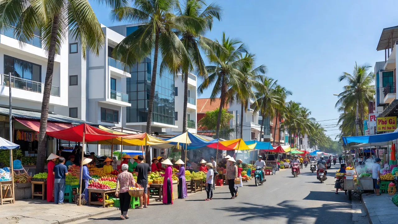 Khung cảnh đường phố nhộn nhịp tại Phường 3, Vũng Tàu với nhà cửa hiện đại và cây cọ.