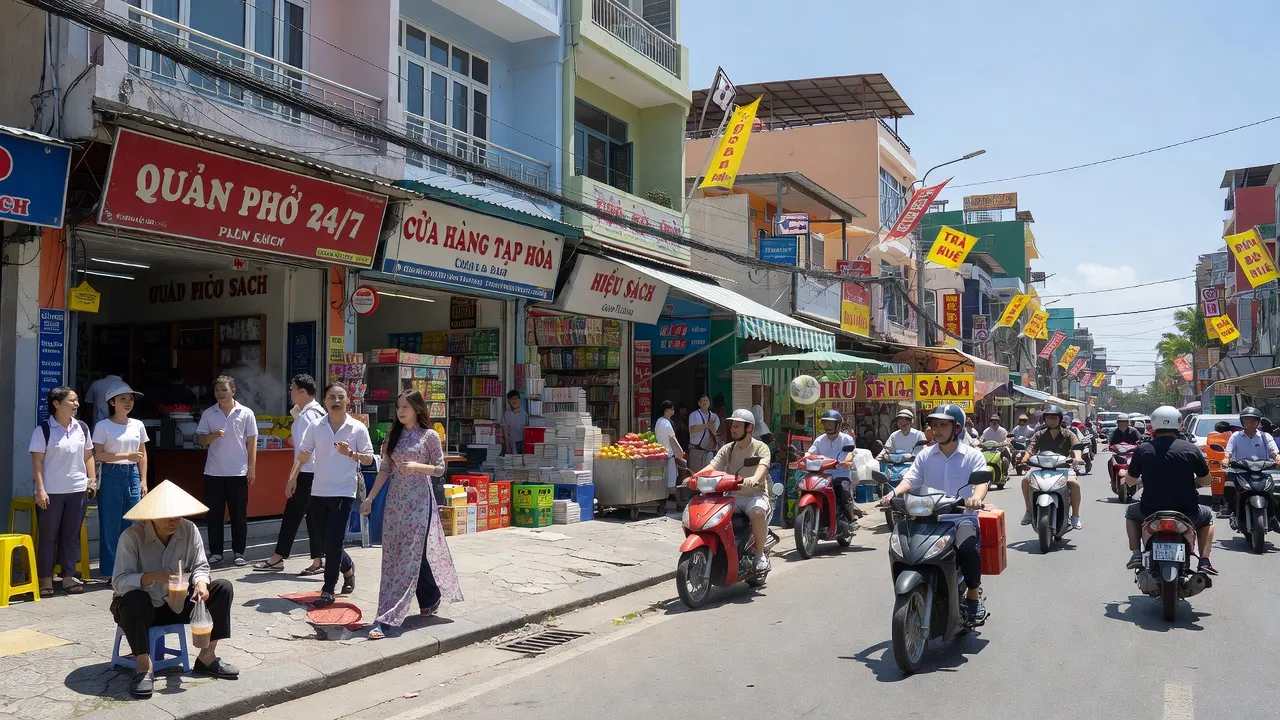 Cảnh phố nhộn nhịp tại Phường 4, Vũng Tàu với các cửa hàng và người dân hoạt động.