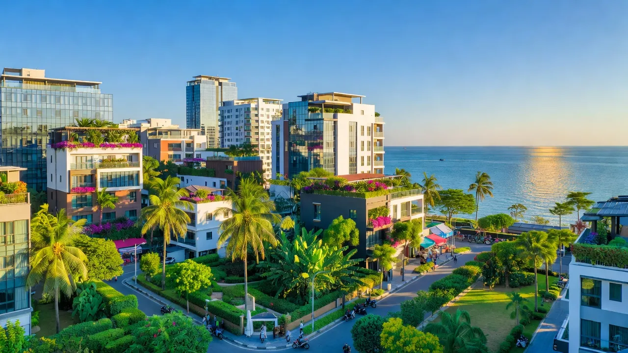 Phường 7, Vũng Tàu with modern buildings, lush greenery, and coastal sea, showcasing urban development.