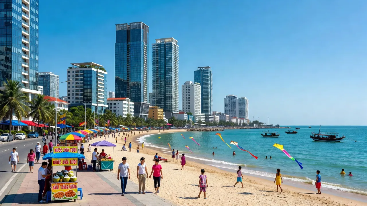 Khu đô thị sôi động tại Phường 8, Vũng Tàu, với đường phố nhộn nhịp và bãi biển xanh.