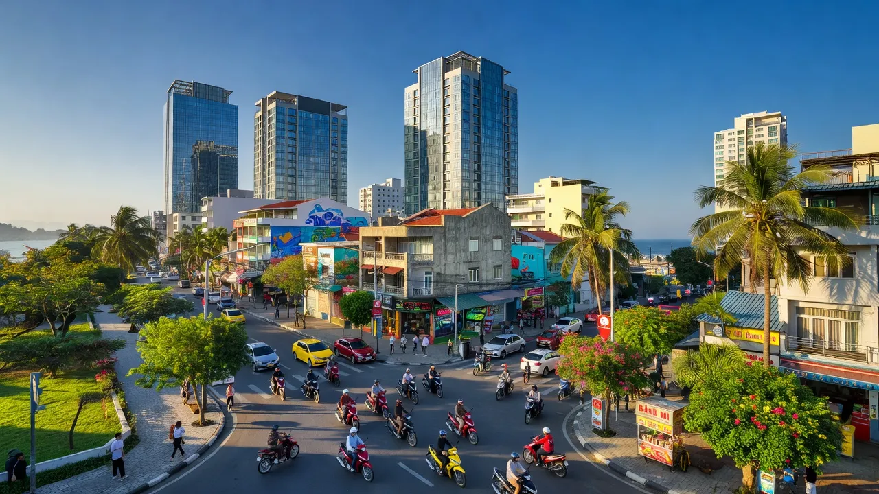 Phường 8, Vũng Tàu: urban landscape with modern buildings, greenery, and bright blue sky.