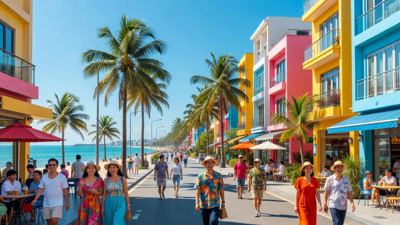 Phường 9, Vũng Tàu with modern buildings, palm trees, and locals enjoying the beach atmosphere.