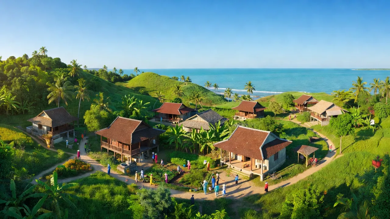 Cảnh đẹp xã Long Sơn, Thành phố Vũng Tàu, với nhà truyền thống và Biển Đông gần đó.