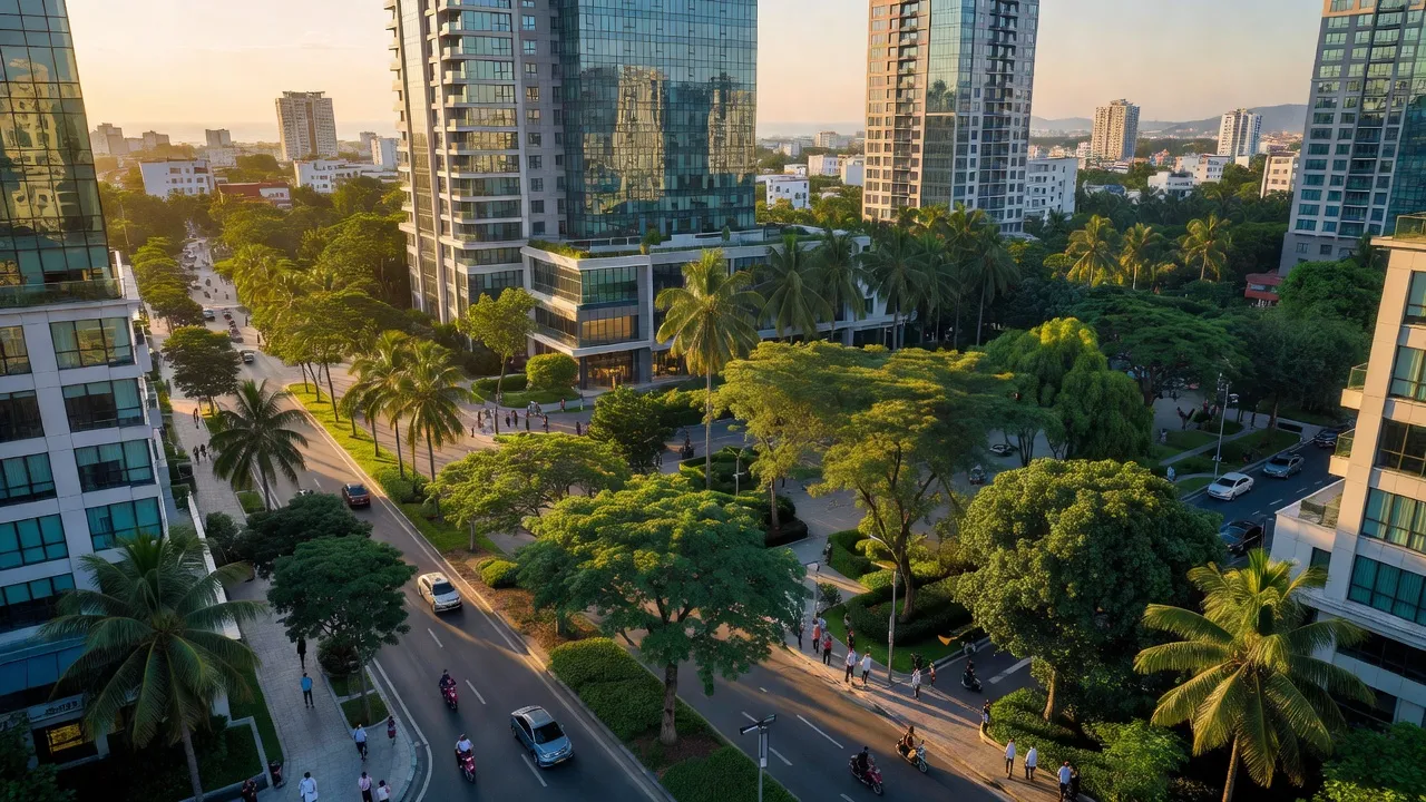 Phường Nguyễn An Ninh, Thành phố Vũng Tàu, với cảnh quan hiện đại và cây xanh, tạo không gian sống thuận lợi.
