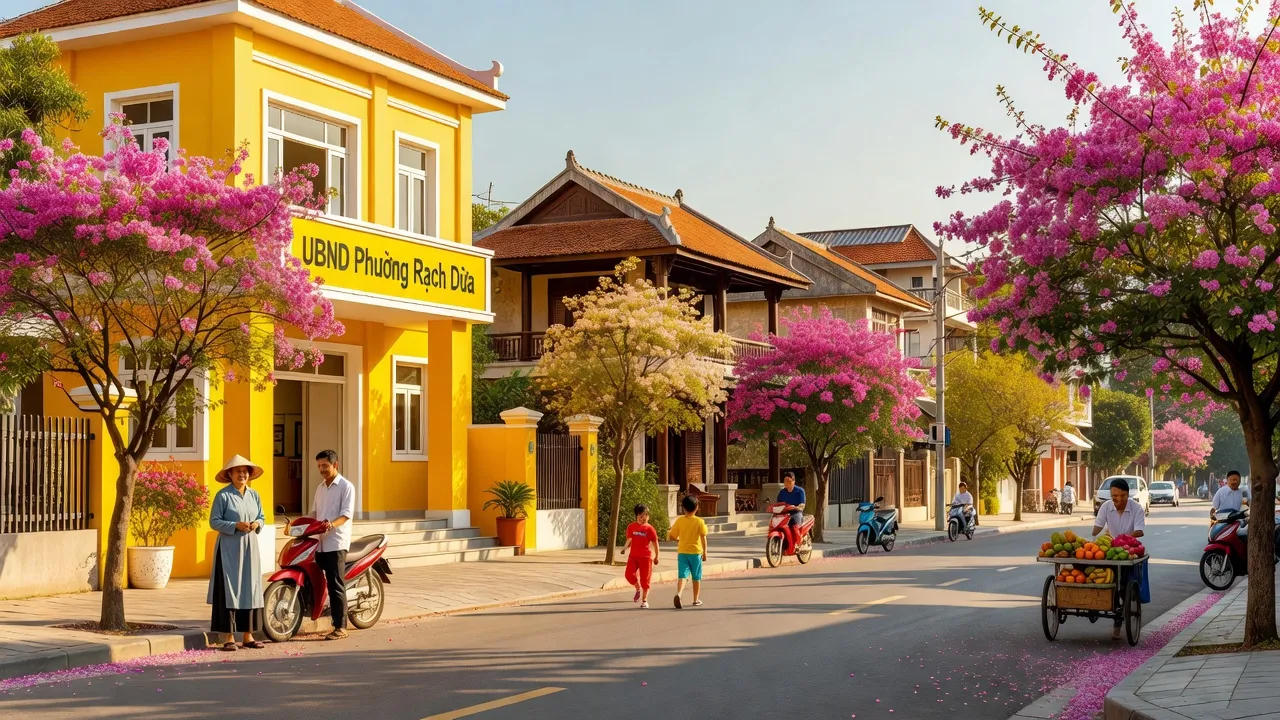 Cảnh đẹp Phường Rạch Dừa, Vũng Tàu với cây xanh và kiến trúc truyền thống Việt Nam.
