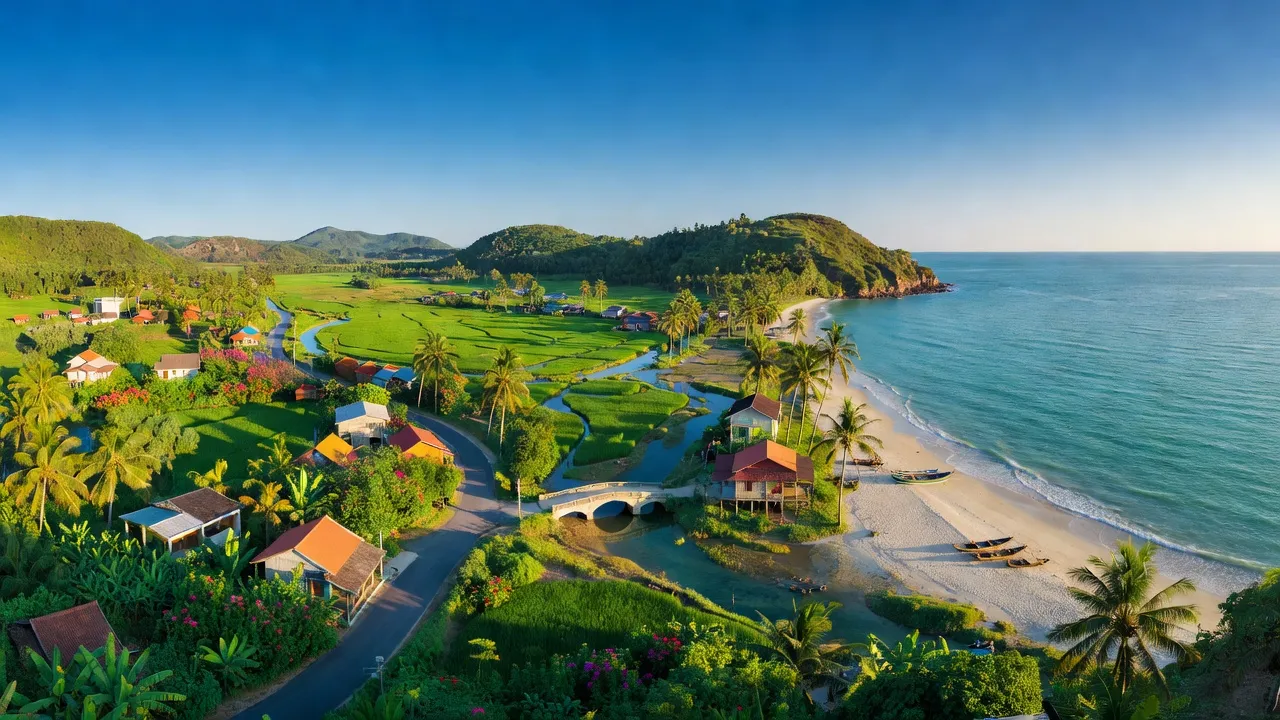 Khung cảnh xanh tươi của xã Bình Châu, huyện Xuyên Mộc, Bà Rịa - Vũng Tàu, với cảnh biển và cơ sở hạ tầng.