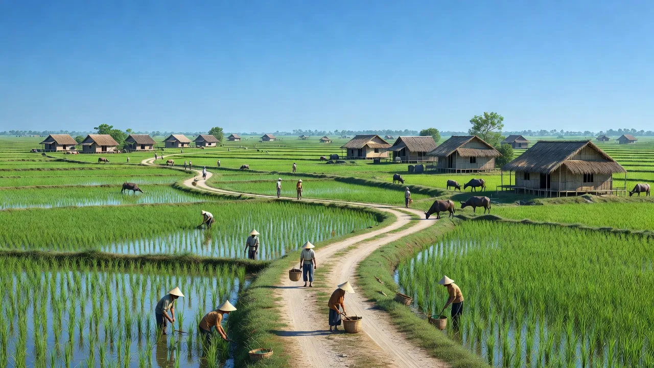 Cảnh đẹp Xã Bông Trang, huyện Xuyên Mộc với ruộng lúa xanh tươi và không gian nông thôn.