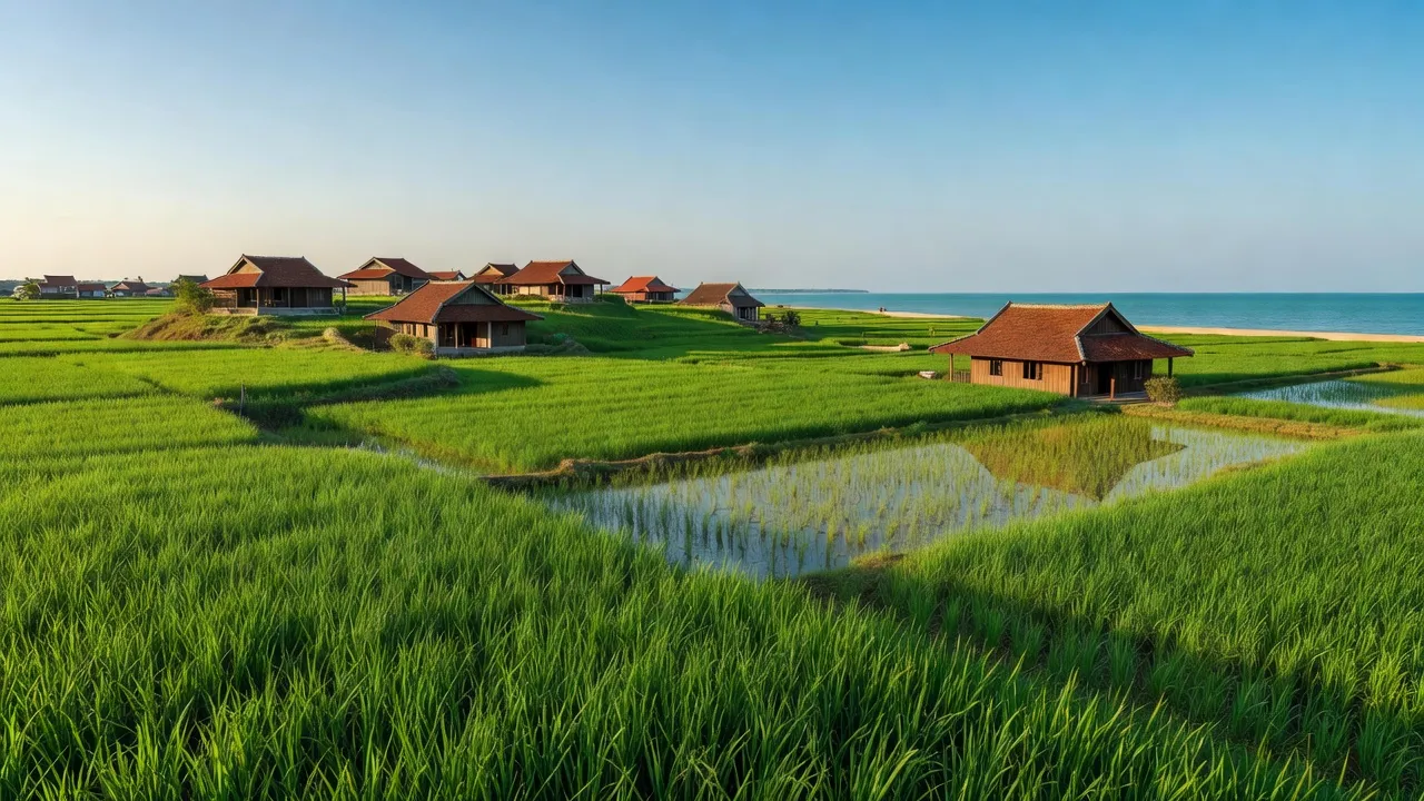 Khung cảnh yên bình tại xã Hòa Bình, huyện Xuyên Mộc, tỉnh Bà Rịa - Vũng Tàu, với đồng lúa xanh.
