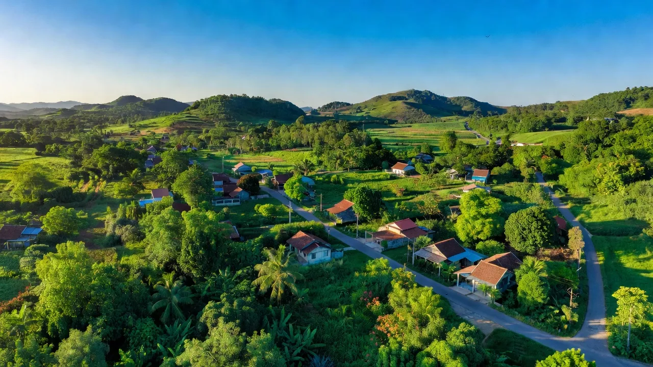 Khung cảnh xã Hòa Hiệp huyện Xuyên Mộc, Bà Rịa - Vũng Tàu với cảnh sắc thiên nhiên xanh tươi và đường phố.