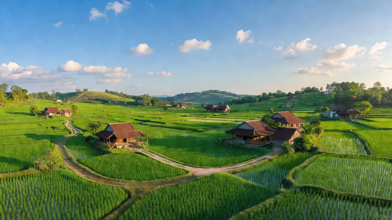 Khung cảnh nông thôn xã Hòa Hội, huyện Xuyên Mộc, tỉnh Bà Rịa - Vũng Tàu, với cánh đồng và nhà truyền thống.