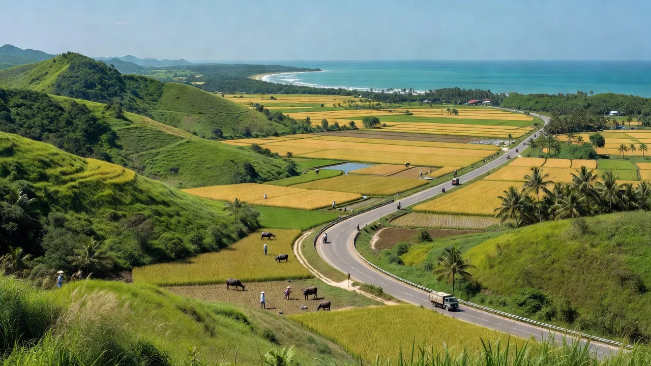 Khung cảnh Xã Phước Tân, huyện Xuyên Mộc, Bà Rịa - Vũng Tàu, với đồi núi và đồng bằng xanh tươi.