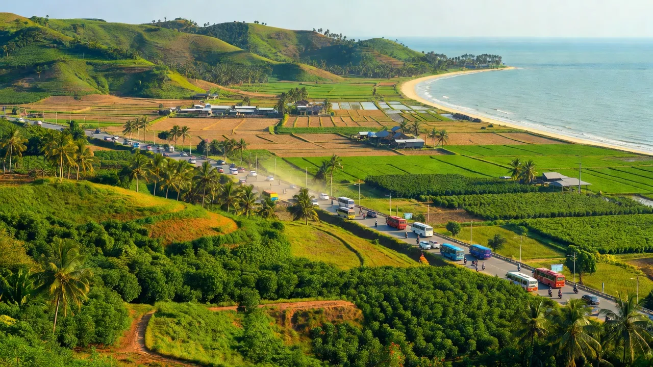 Khung cảnh xã Phước Tân, huyện Xuyên Mộc với đồi núi, đồng bằng và đường Quốc lộ 55.