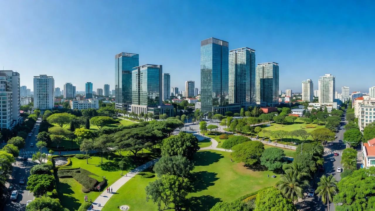 Khung cảnh Thành phố Bắc Giang với kiến trúc hiện đại và công viên xanh tươi, bầu trời xanh.