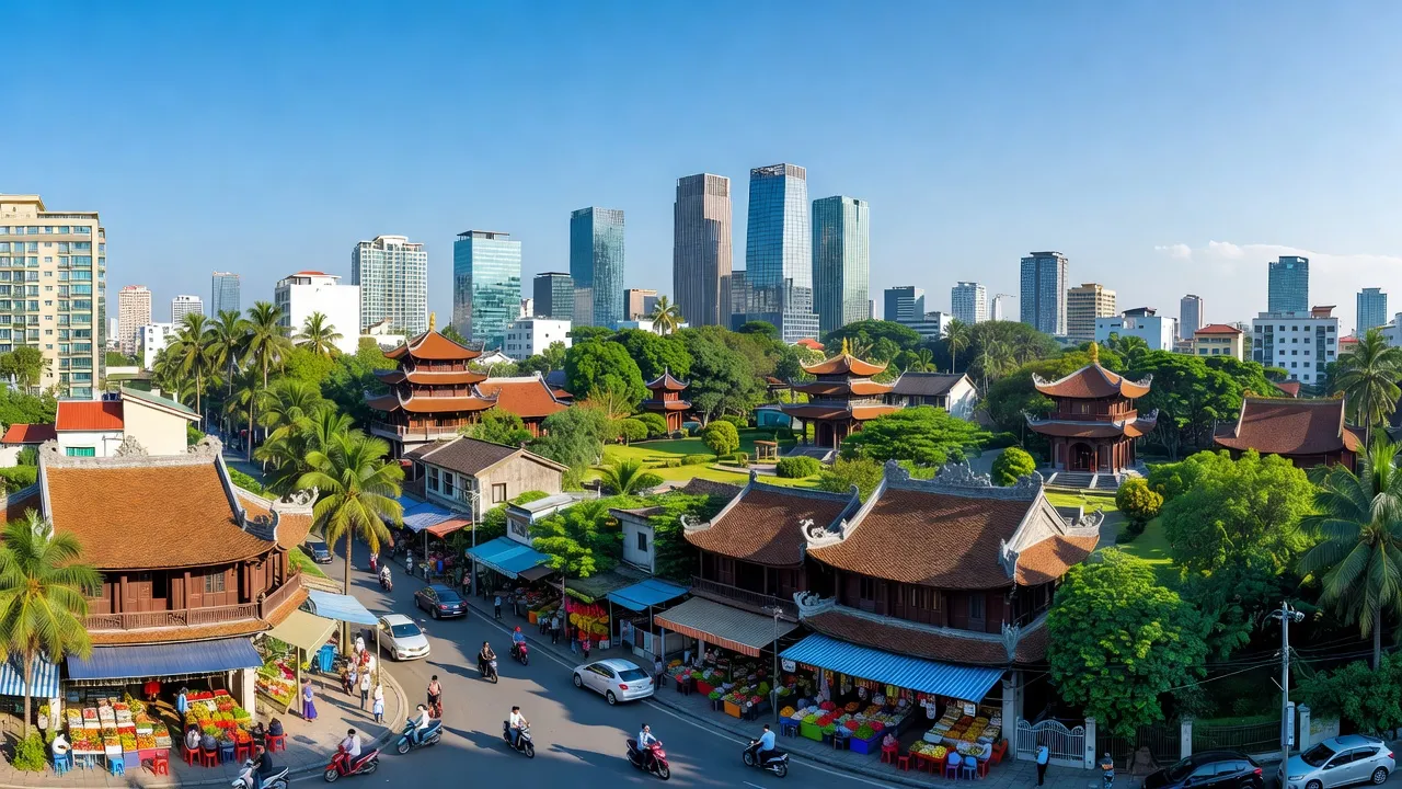 Khung cảnh thành phố Bắc Giang với kiến trúc hiện đại và thiên nhiên tươi đẹp, hoạt động hàng ngày.