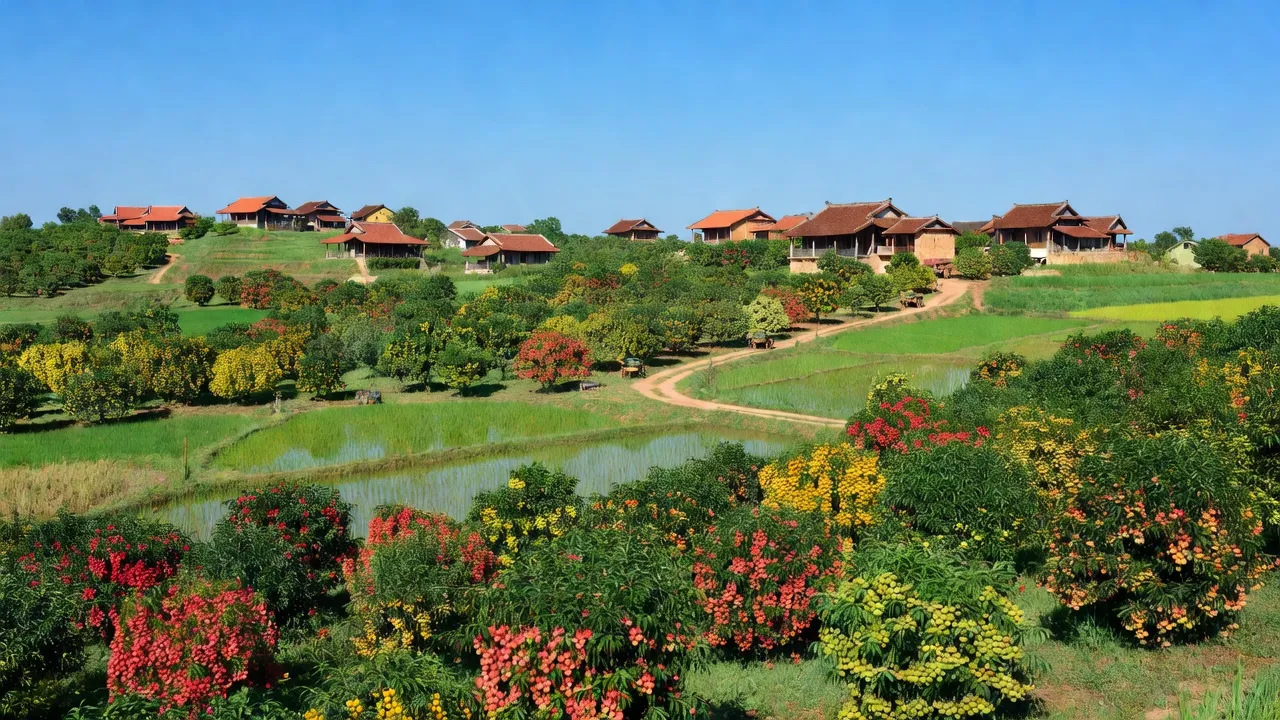 Thị xã Chũ, Bắc Giang với vườn cây ăn quả và phong cảnh nông thôn đẹp mắt, nền trời xanh.