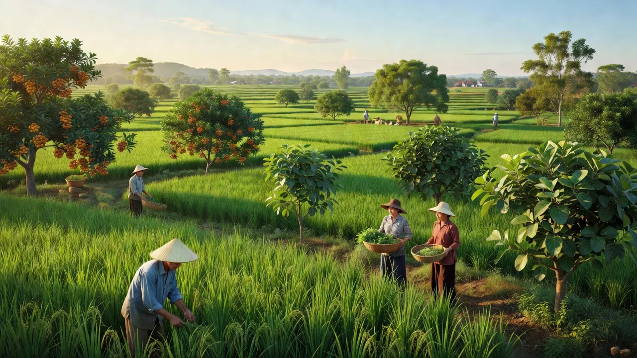 Quang cảnh Phường Hồng Giang, Thị xã Chũ với cánh đồng xanh và người dân địa phương làm việc.